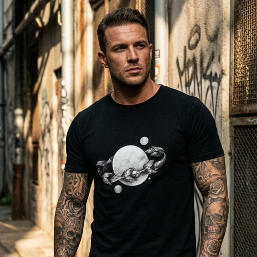 Vollmond Fülle Zyklus gedruckt Rundhalsausschnitt Herren T-Shirt schwarz