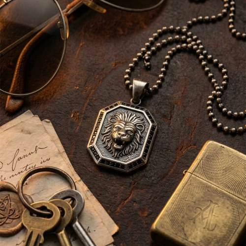 Spezielle oberflächenbeschichtete quadratische Löwenmedaillon-Halskette mit Steinkanten