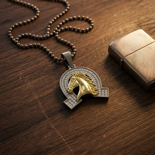 Two Colour Coated Horseshoe Horse Medallion Necklace with Stone Edges