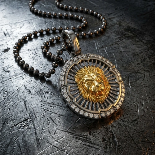 Two Color Coated Lion Openwork Medallion Necklace with Stone Edges