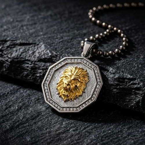 İki Renk Kaplamalı Kenarları Taşlı Aslan Madalyon Kolye