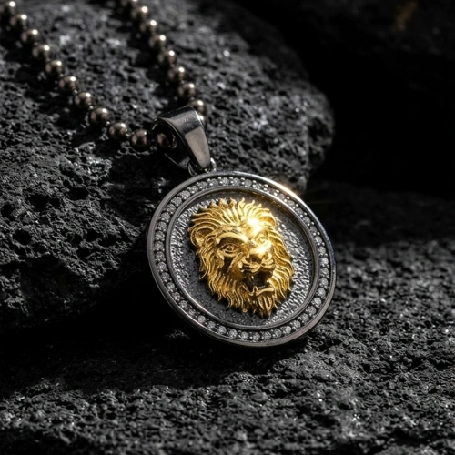 Two Color Coated Lion Medallion Necklace with Stone Edges