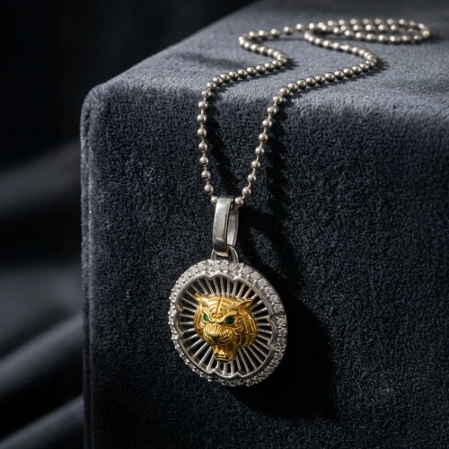Two Color Coated Chain Form Tiger Openwork Medallion Necklace with Stone Edges