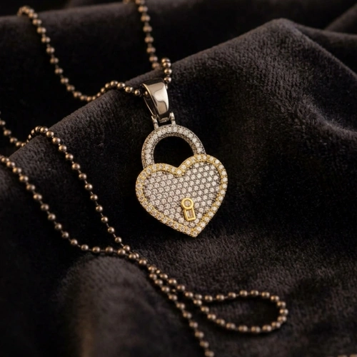 Two Color Special Surface Finish Heart Lock Necklace with Marquise Stone