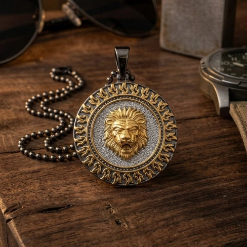 Two Color Special Surface Finish Lion Medallion Necklace