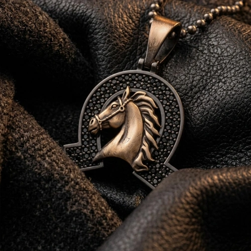 Special Surface Coated Horseshoe Horse Medallion Necklace with Stone Edges