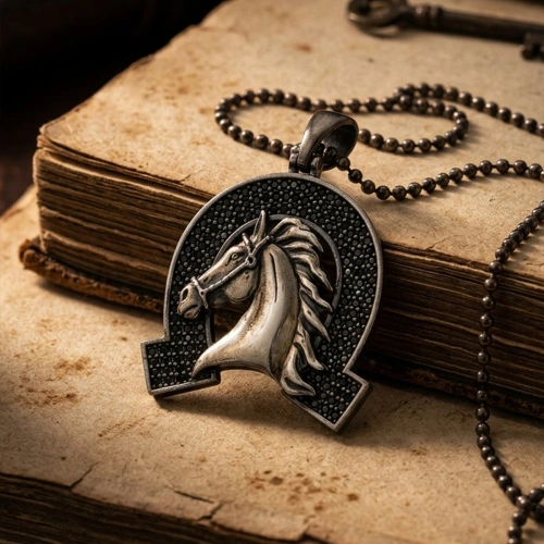 Special Surface Coated Horseshoe Horse Medallion Necklace with Stone Edges
