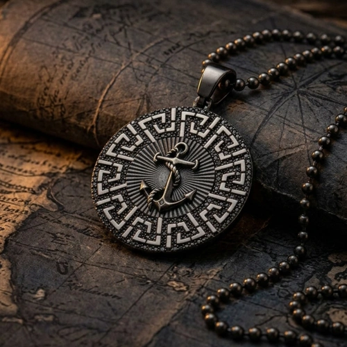 Special Surface Finish Rope Medallion Anchor Necklace with Marcasite Stone