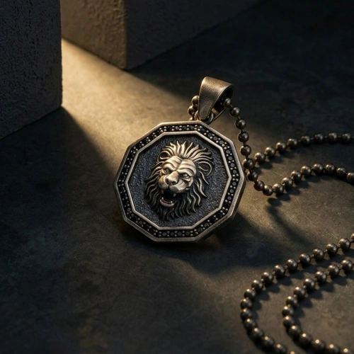 Special Surface Coated Lion Medallion Necklace with Stone Edges