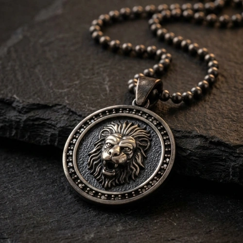Special Surface Coated Lion Medallion Necklace with Stone Edges