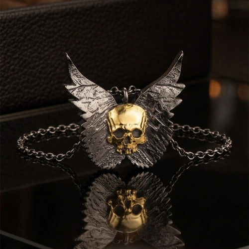 Modern Oxidized Double Color Special Cut Angel Skull Silver Necklace