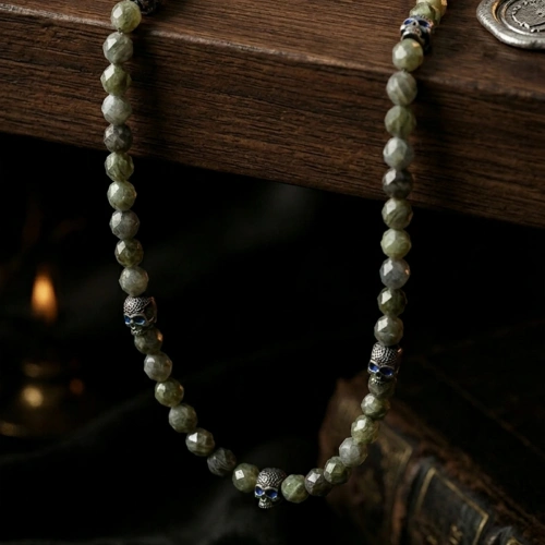 Smoke Quartz Stone Skull Detailed Silver Necklace