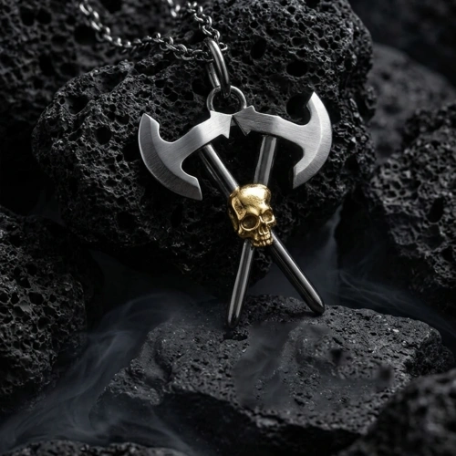 Double Colored Spiral Double Axe Silver Necklace