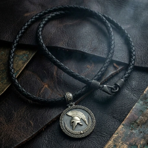 Sparta Helmet Silver Necklace with Leather and Oxidized