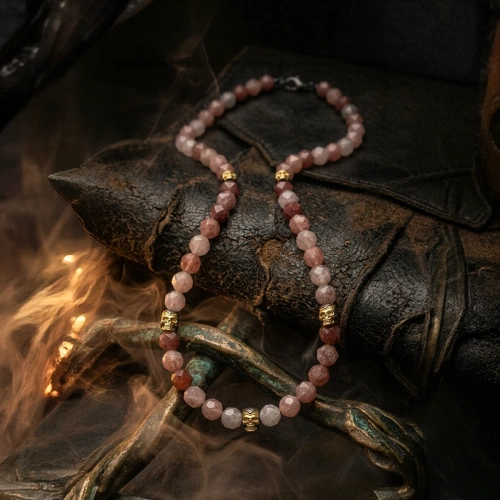 Strawberry Quartz Stone Skull Detailed Silver Necklace