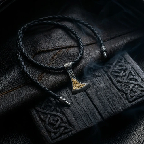 Gold-Gilded Leather Axe Silver Necklace