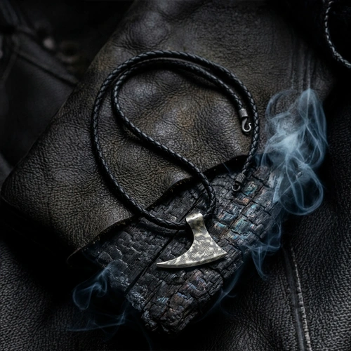 Large Axe Silver Necklace with Oxidized Leather