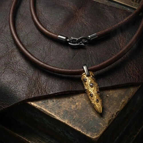 Bullet Silver Necklace Leather Gold Plated Oxidized