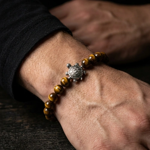 Elastisches Armband mit Tigerauge-Stein und Schildpatt-Oxid-Silber-Abstandshalter