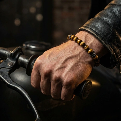 Elastisches Königskronen-Armband mit Tigerauge und oxidiertem Silber-Abstandshalter