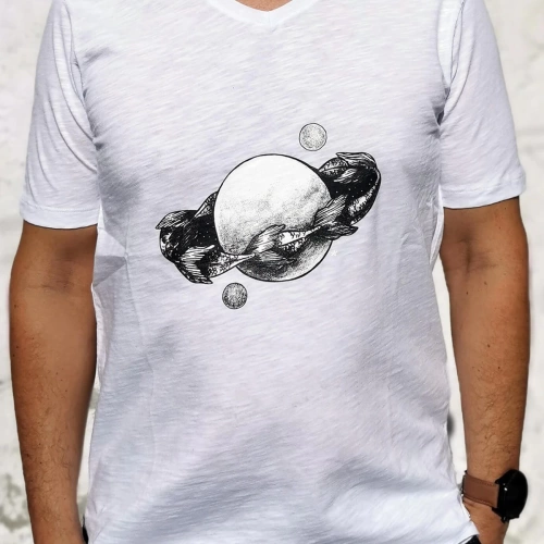 Full Moon Blessings Cycle Printed V Neck Mens White T-Shirt
