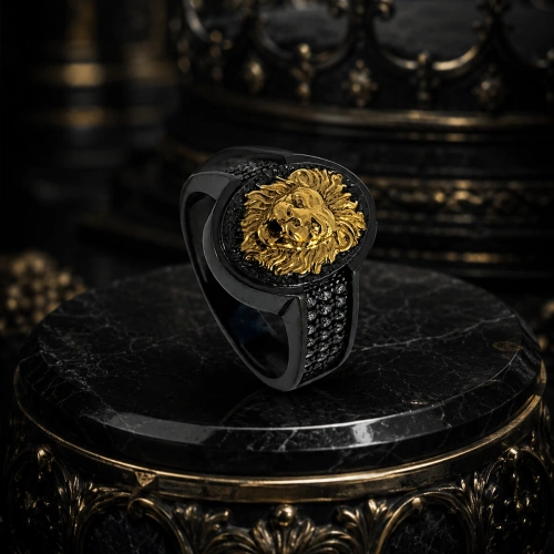 Ellipse Löwe Medaillon Silber Ring mit zwei Farbe plattiert Marquise Stein