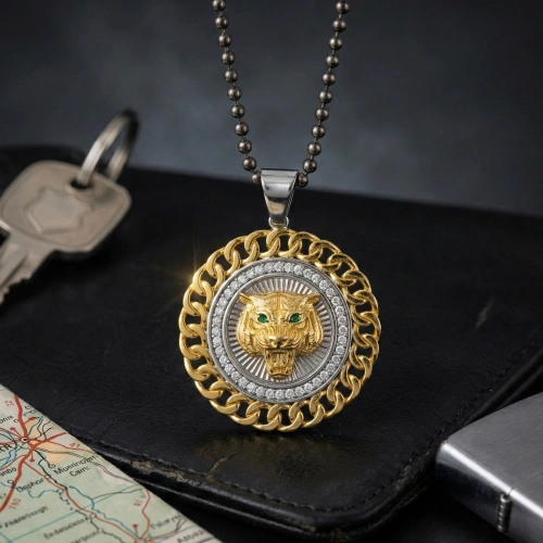 İki Renk Kaplamalı Kenarları Taşlı Zincir Form Kaplan Madalyon Kolye