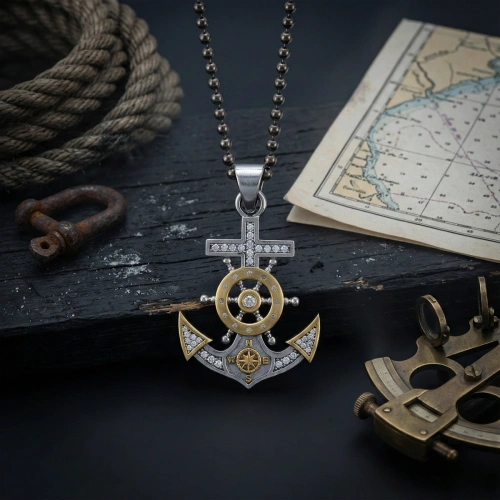 Markazit Taşlı Özel Yüzey Kaplama Halatlı Dümenli Çapa Kolye