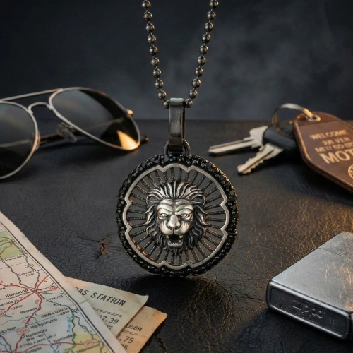 Özel Yüzey Kaplamalı Kenarları Taşlı Aslan Ajurlu Madalyon Kolye