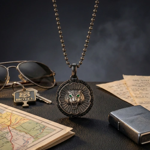 Özel Yüzey Kaplamalı Kenarları Taşlı Zincir Form Kaplan Ajurlu Madalyon Kolye