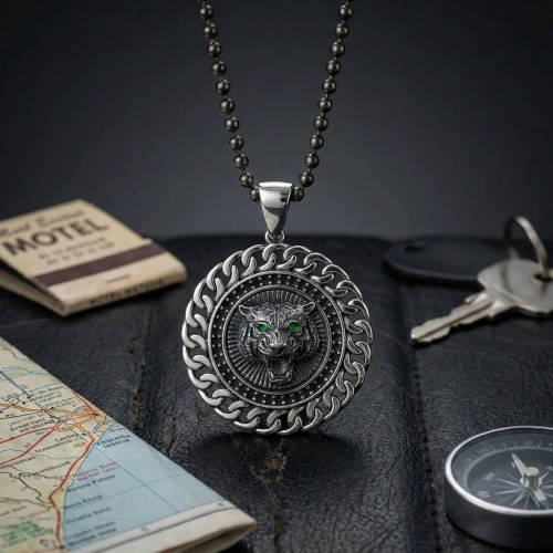 Özel Yüzey Kaplamalı Kenarları Taşlı Zincir Form Kaplan Madalyon Kolye