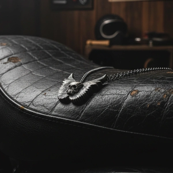 Halskette aus oxidiertem Engelsflügel-Totenkopf-Silber