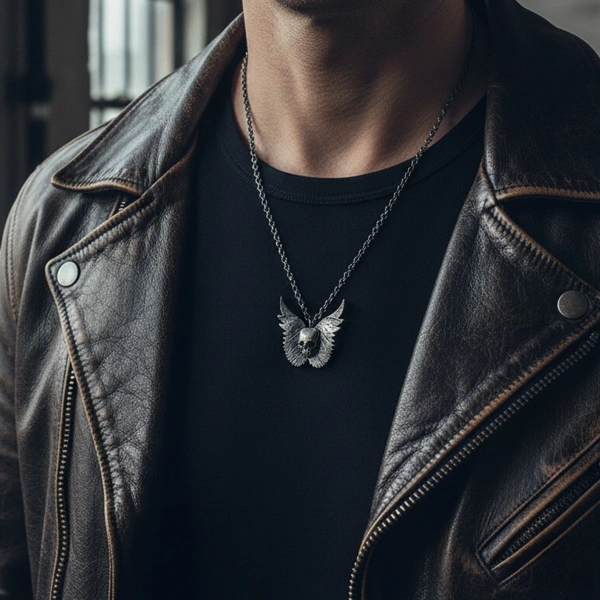 Halskette aus oxidiertem Engelsflügel-Totenkopf-Silber