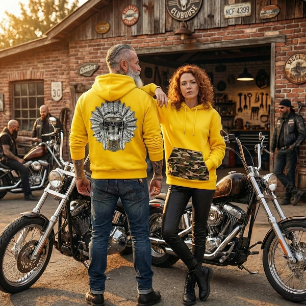 Arkası Kızılderili Baskılı Kanguru Cep Ve Kapüşon Kamuflaj Baskılı Sarı Sweatshirt