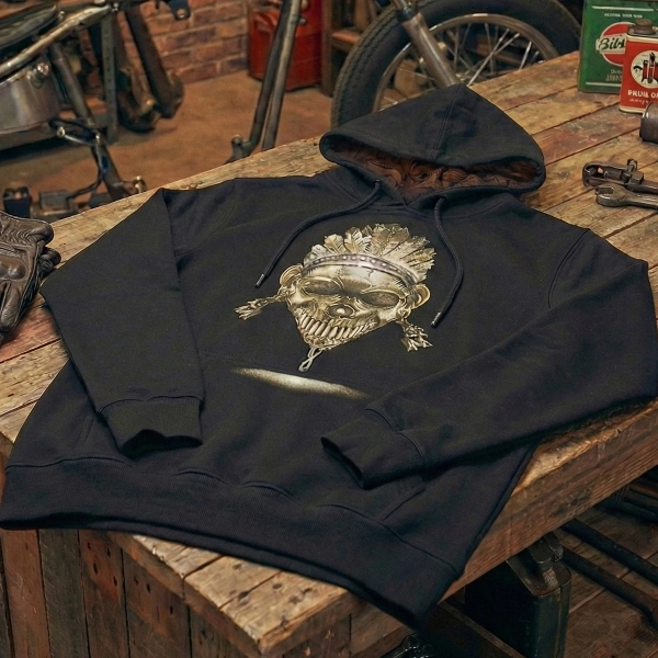 Önü Kurukafa Festival Baskılı Kanguru Cepli Kapüşonu Turuncu Kurukafalar Baskılı Siyah Sweatshirt