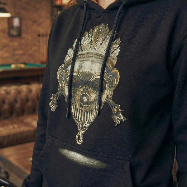 Önü Kurukafa Festival Baskılı Kanguru Cepli Kapüşonu Turuncu Kurukafalar Baskılı Siyah Sweatshirt