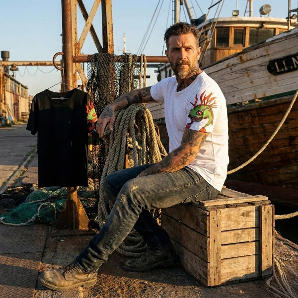 Bukalemun Baskılı Bisiklet Yaka T-Shirt