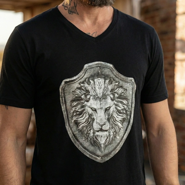 Aslan Apolet Baskılı V Yaka Siyah Tişört