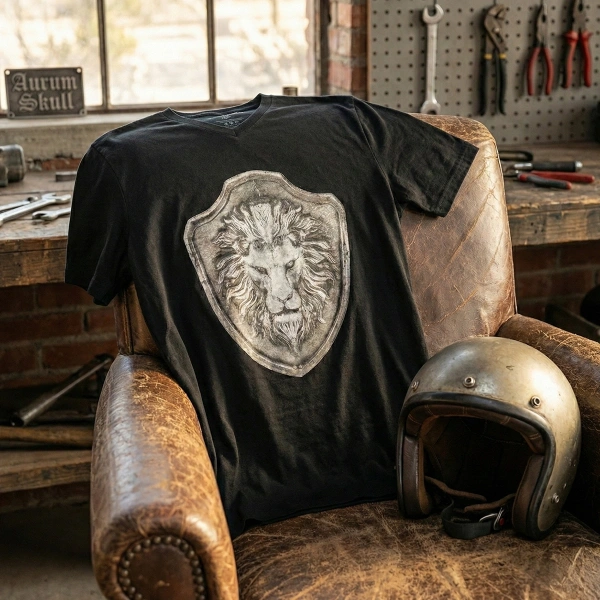 Aslan Apolet Baskılı V Yaka Siyah Tişört