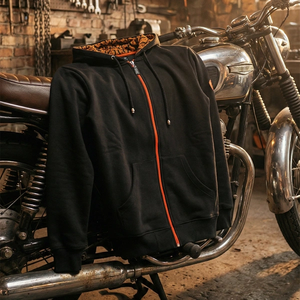 Zippered Sweatshirt with Skull Epaulette Print on Back and Logo Print on Inside of Hood