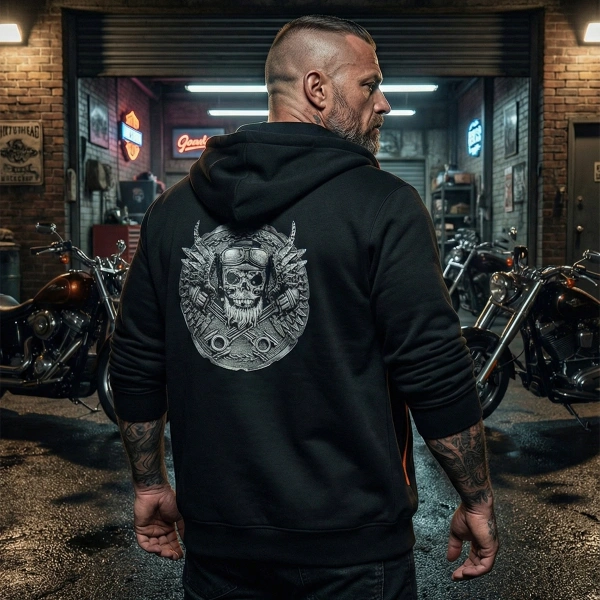 Zippered Sweatshirt with Skull Epaulette Print on Back and Logo Print on Inside of Hood