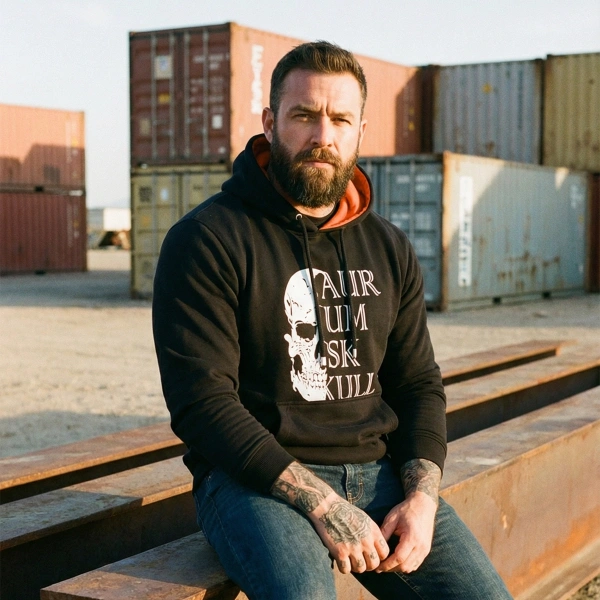 Sweatshirt with Skull Printed Front and Logo Printed Inside the Hood