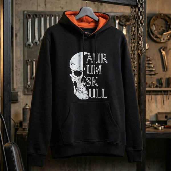 Sweatshirt with Skull Printed Front and Logo Printed Inside the Hood