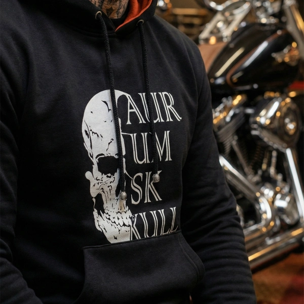 Sweatshirt with Skull Printed Front and Logo Printed Inside the Hood