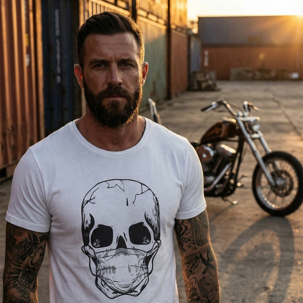 Önde Maskeli Kurukafa Baskılı Bisiklet Yaka T-Shirt