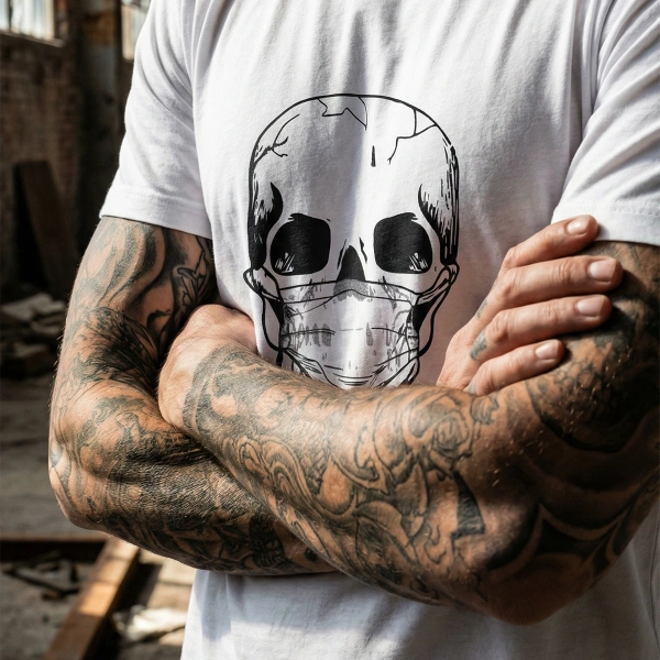 Önde Maskeli Kurukafa Baskılı Bisiklet Yaka T-Shirt