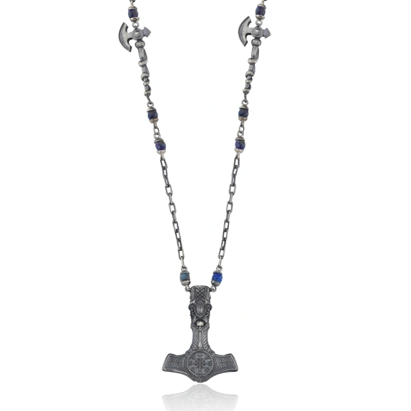 Dark Totem Lapis Taşlı Viking Baltası Gümüş Kolye