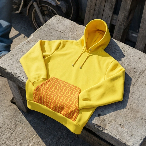 Custom Skull Printed Hooded Yellow Sweatshirt with Kangaroo Pocket