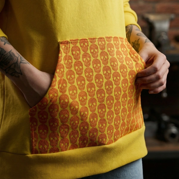 Custom Skull Printed Hooded Yellow Sweatshirt with Kangaroo Pocket