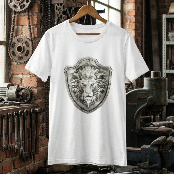Lion Epaulette Printed Crew Neck Mens White T-Shirt